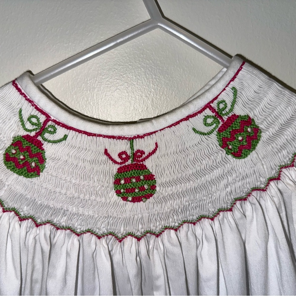 White and Green Smocked Kids Dress